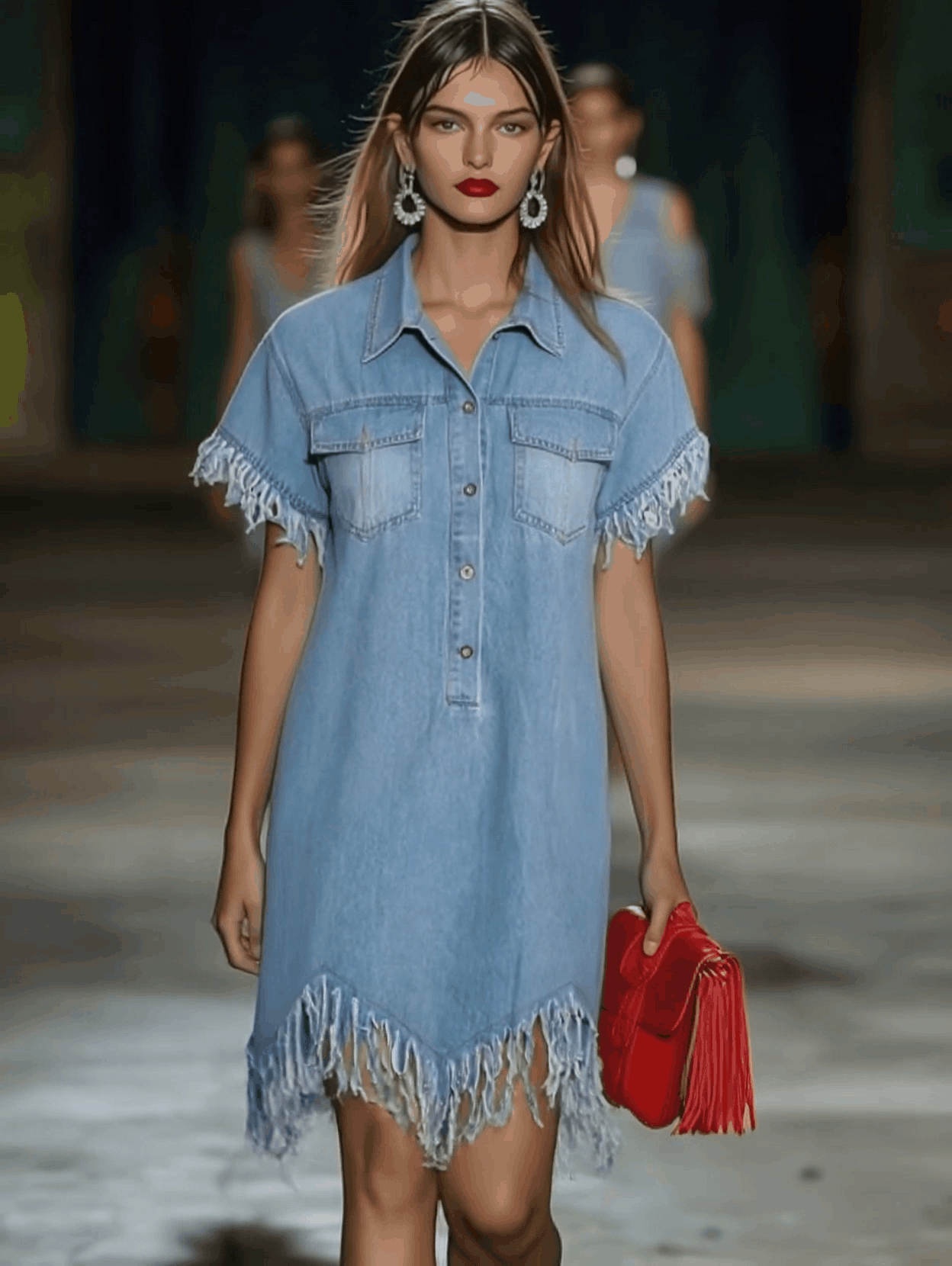Casual Loose Vintage Denim Short Sleeve Shirt Tassel Mini Dress - By Qivii