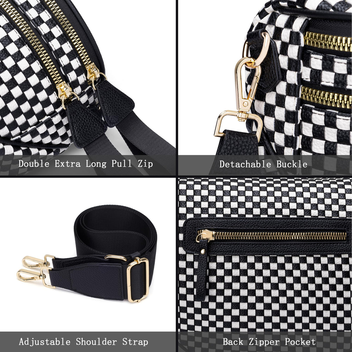 Ounamei Checkered Woven Crossbody Bum Bag | Vegan Leather Sling Bag with Adjustable Strap