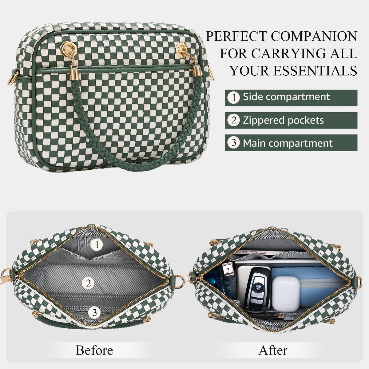 Ounamei Chic Checkered Woven Handbag Top Handle Crossbody Shoulder Bag Vegan Leather