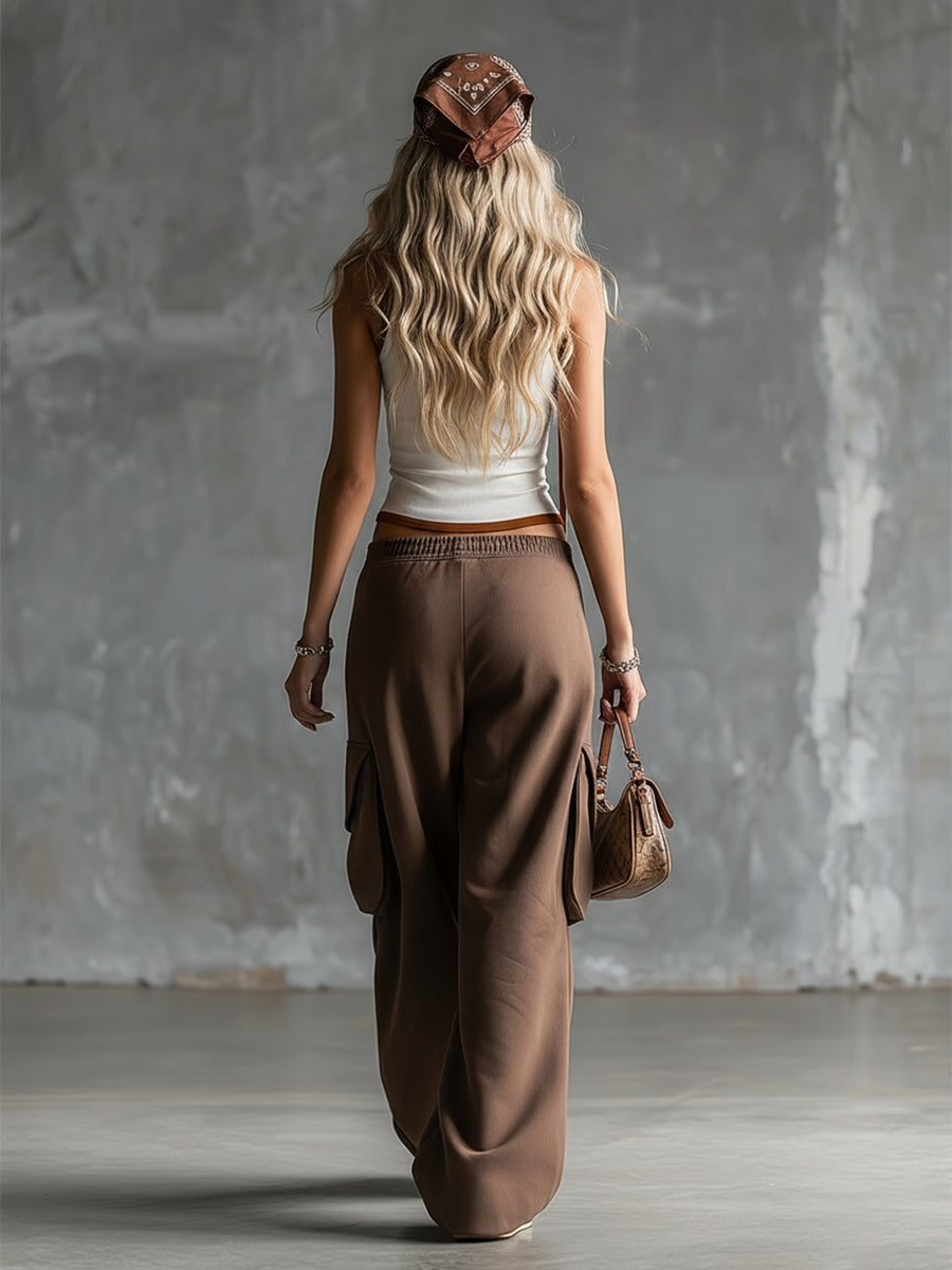Stylish Sporty White Tank Top And Brown Sweatpants Set - By Qivii