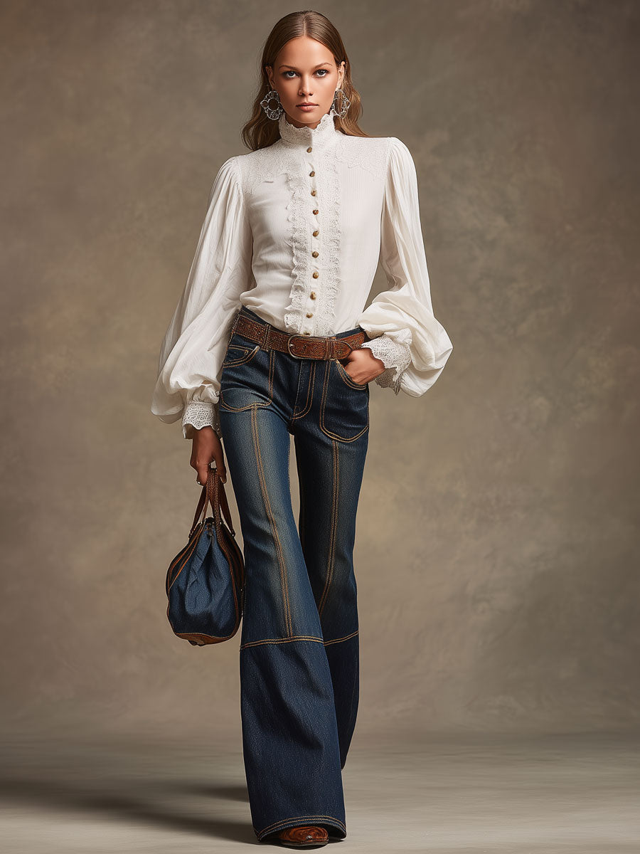 Retro Brown Double-stitched Navy Jeans - By Qivii