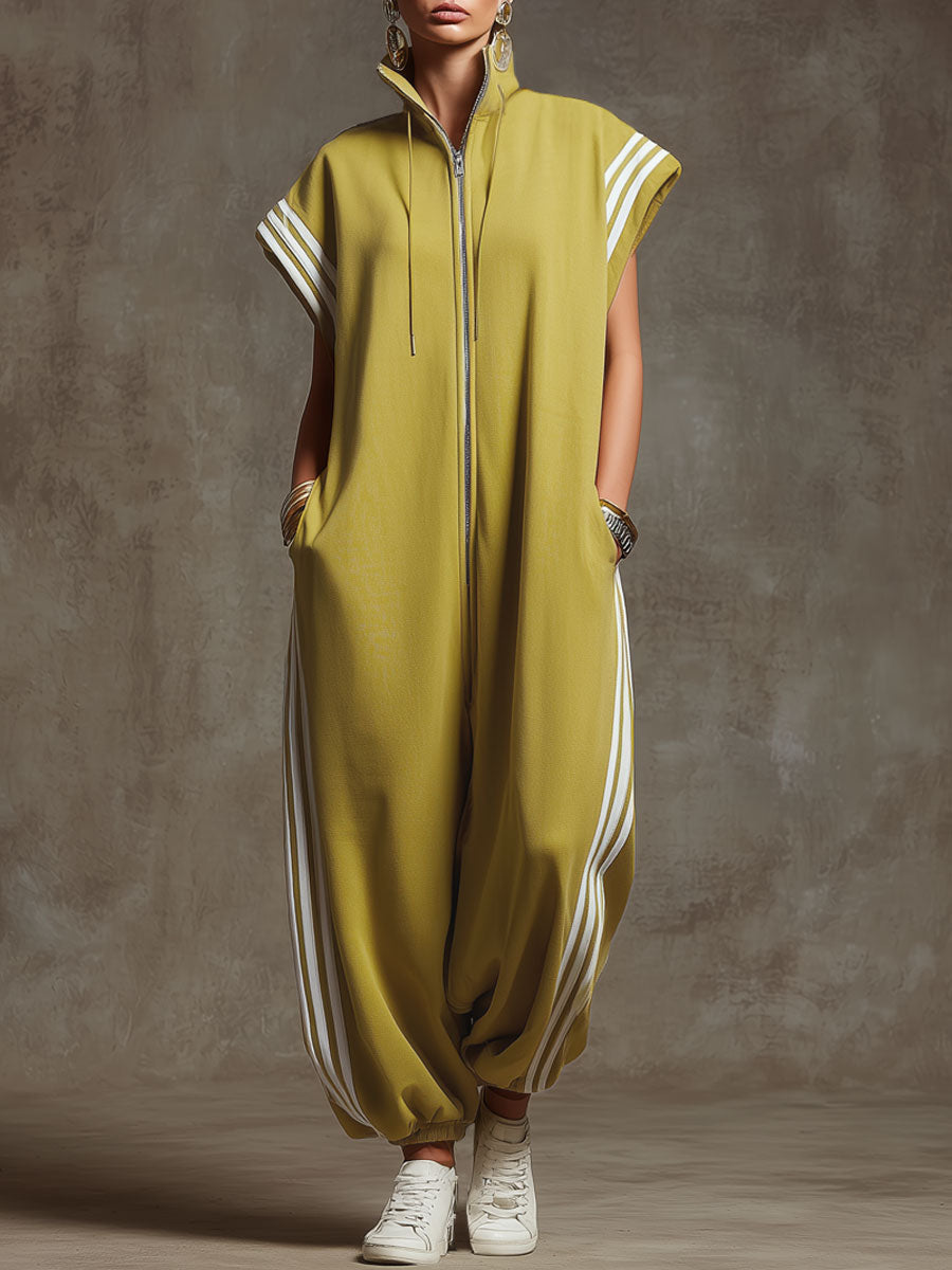 Casual Sports White Webbing Yellow-green Sleeveless Jumpsuit - By Qivii