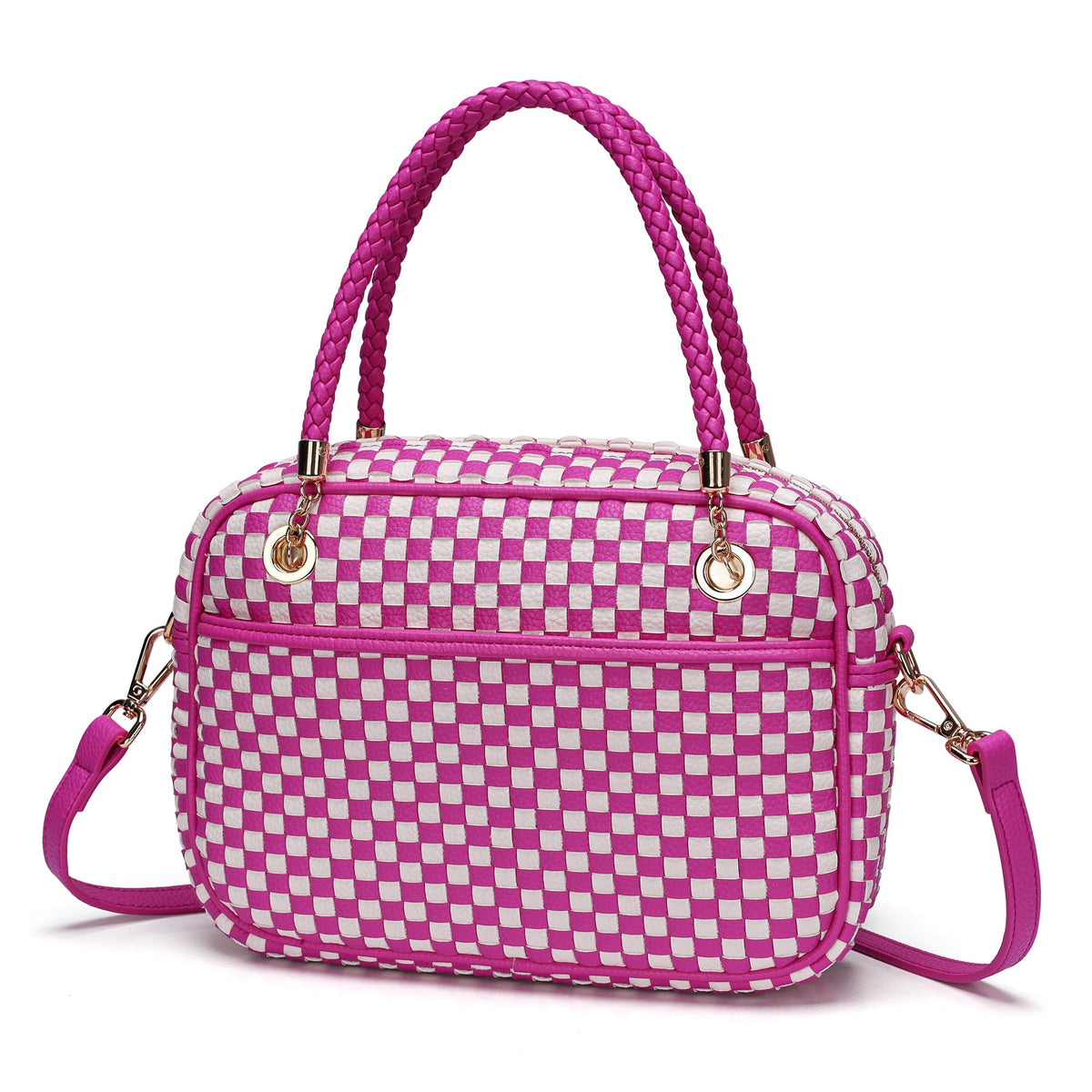 Ounamei Chic Checkered Woven Handbag Top Handle Crossbody Shoulder Bag Vegan Leather