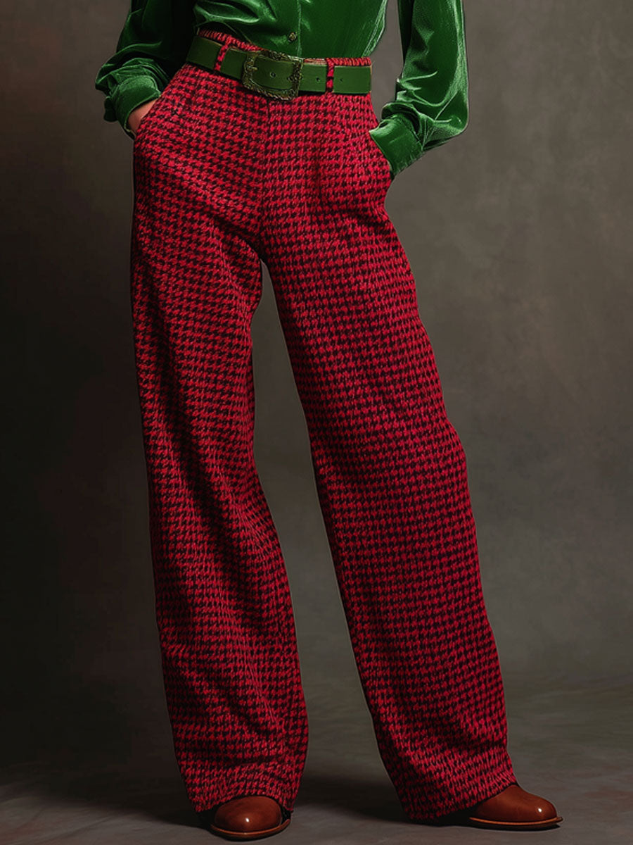 Retro Green Velvet Pleated Long-sleeved Shirt And Houndstooth Wide-leg Pants Set - By Qivii