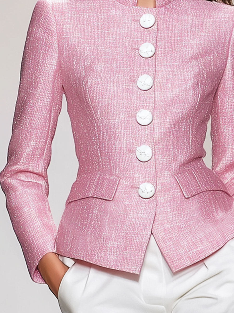 Elegant Stand-up Collar Single-breasted Tweed Jacket - By Qivii
