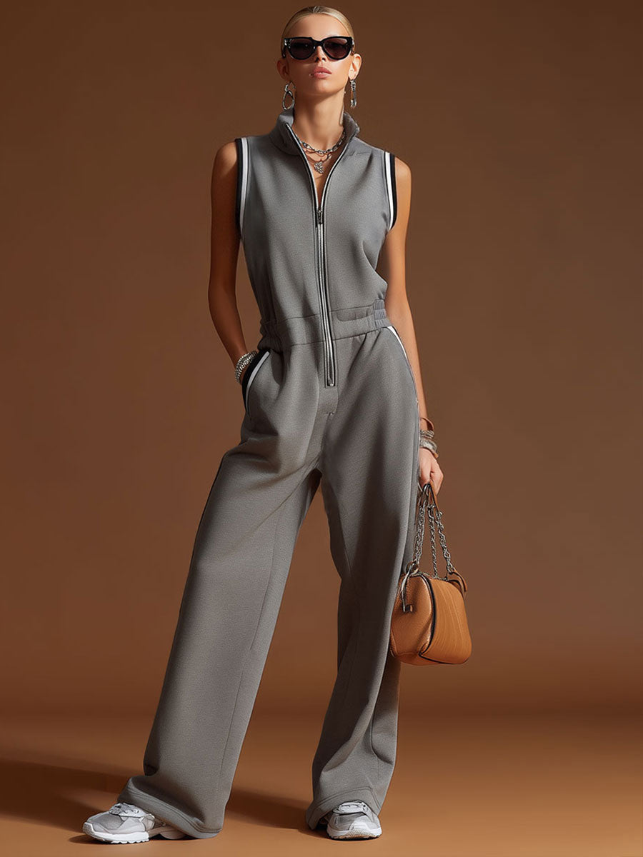 Casual Sporty Retro Dark Gray Cotton Blend Zipper Sleeveless Jumpsuit - By Qivii