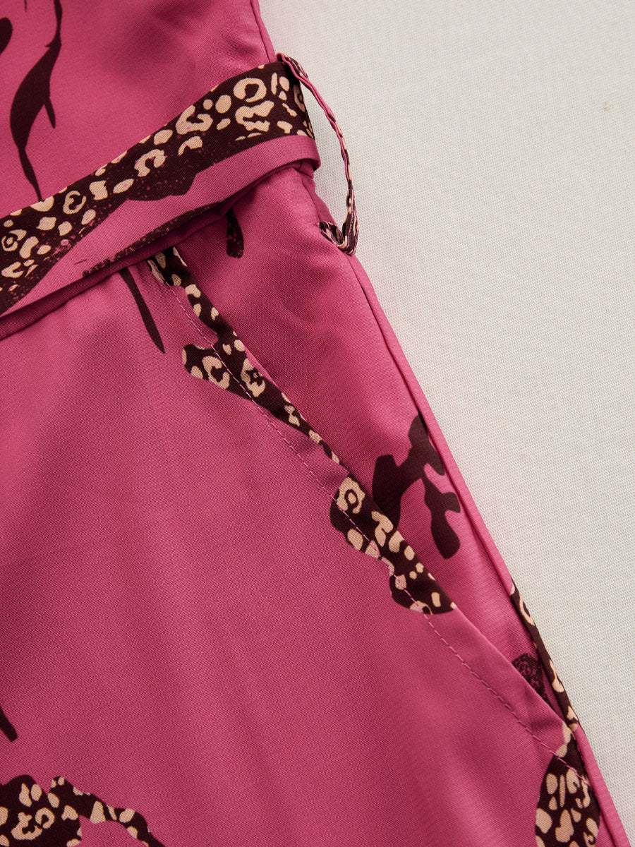Casual Loose Rose Red Chiffon Leopard Print Long-Sleeved Jumpsuit - By Qivii