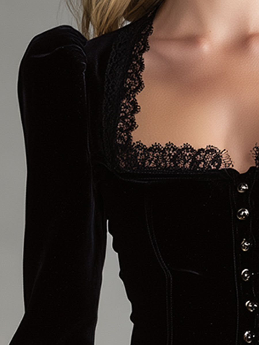 Stylish And Elegant Vintage Lace And Black Velvet Shirt - By Qivii
