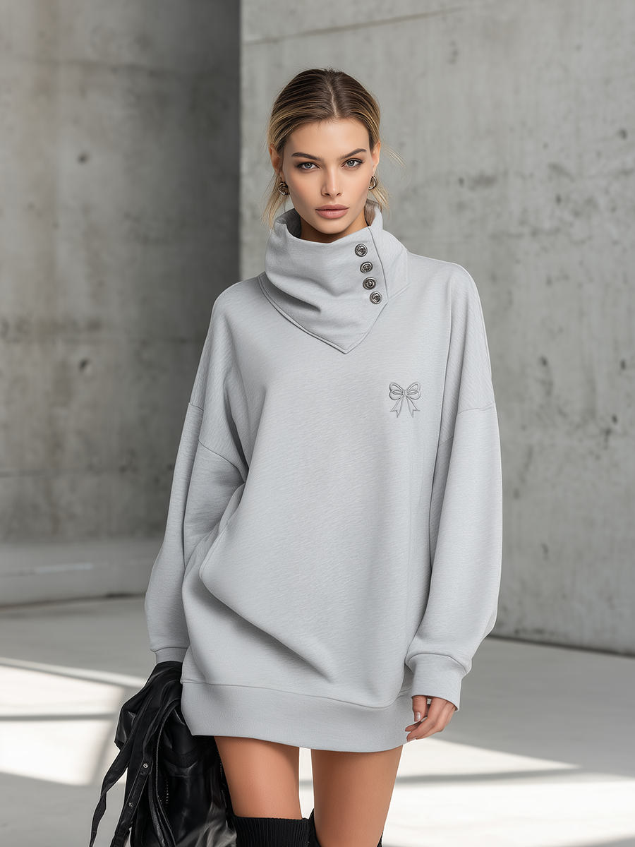 Simple Sporty Loose-fitting Collar Light Gray Mini Dress - By Qivii