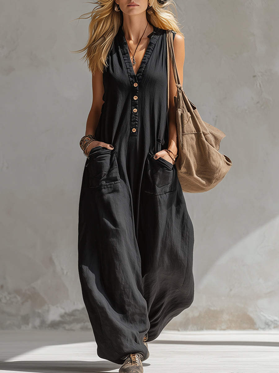 Elegant Urban-style Black Cotton And Linen Sleeveless Jumpsuit - By Qivii
