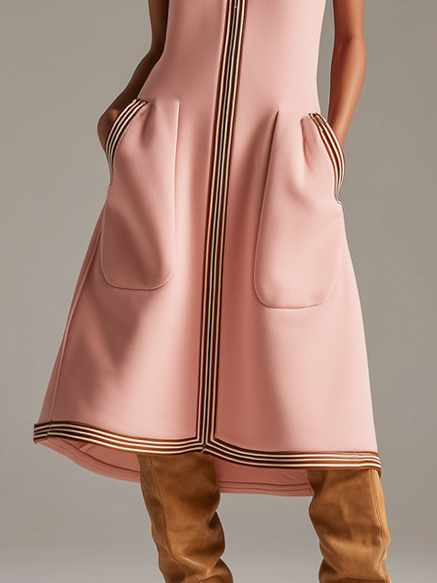 Sporty Retro Striped Ribbed Pink Cotton Blend Sleeveless Midi Dress - By Qivii