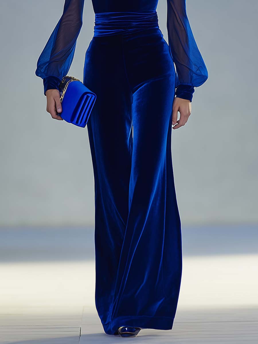 Vintage Elegant And Exquisite V-neck Mesh Long-sleeved Royal Blue Velvet Jumpsuit - By Qivii