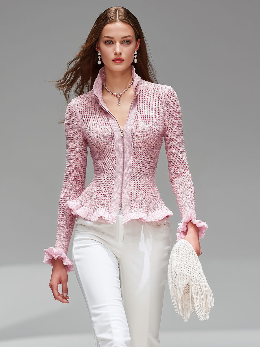 Pink Stand-up Collar Zipper Ruffled Mesh Knit Cardigan - By Qivii