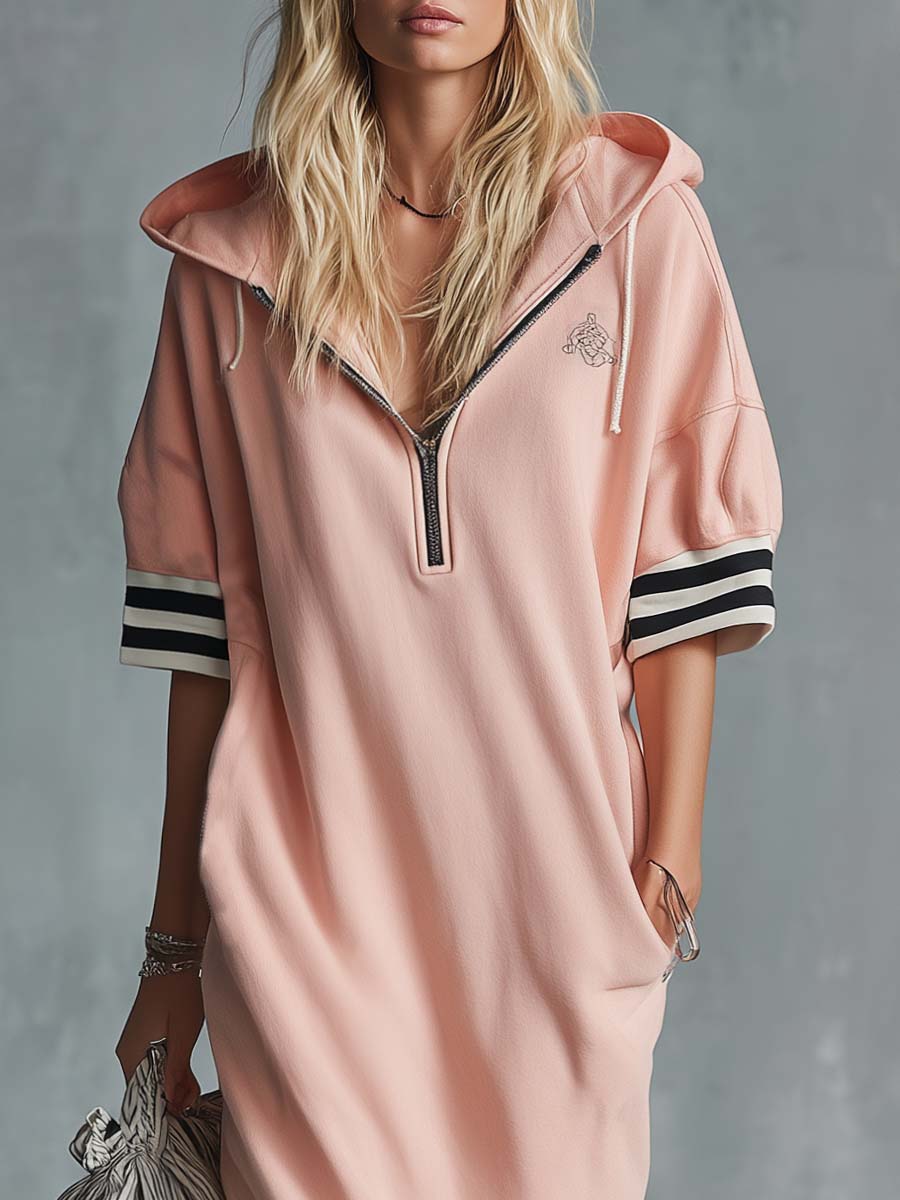 Casual Fashion Sporty Hooded Front Zipper Short-sleeved Cherry Blossom Pink Cotton Midi Dress - By Qivii