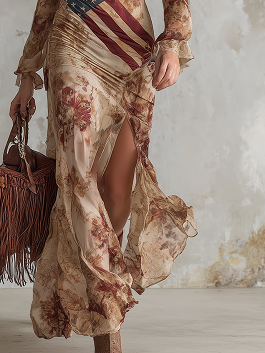 Vintage Bohemian Apricot Floral Print Chiffon Long-sleeved Maxi Dress - By Qivii