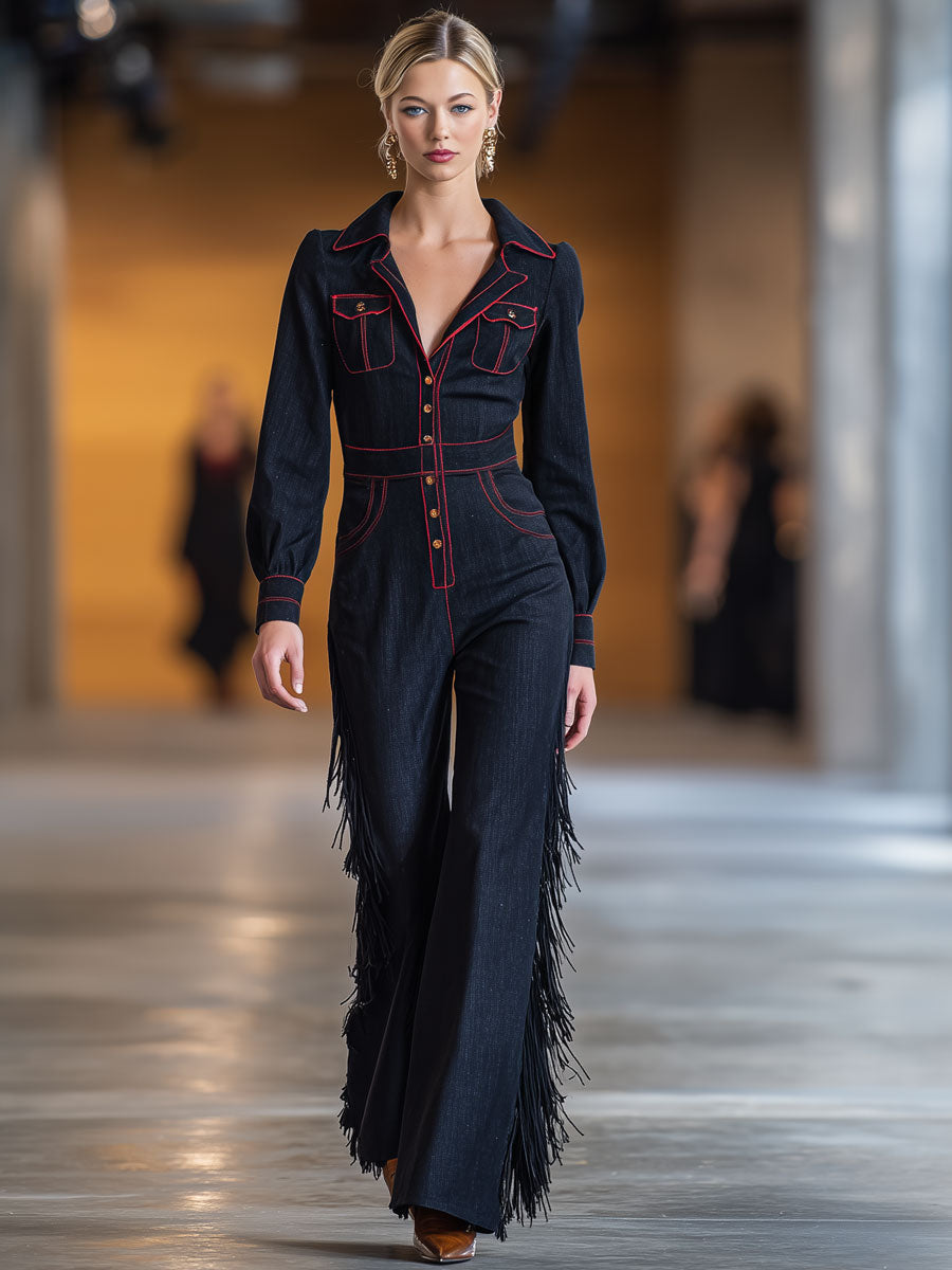 Retro Red Topstitched Navy Denim Long Sleeve Flared Tassel Jumpsuit - By Qivii