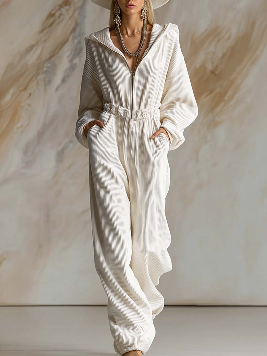Casual Loose Fashionable White Corduroy Hooded Front Zipper Long Sleeve Jumpsuit - By Qivii