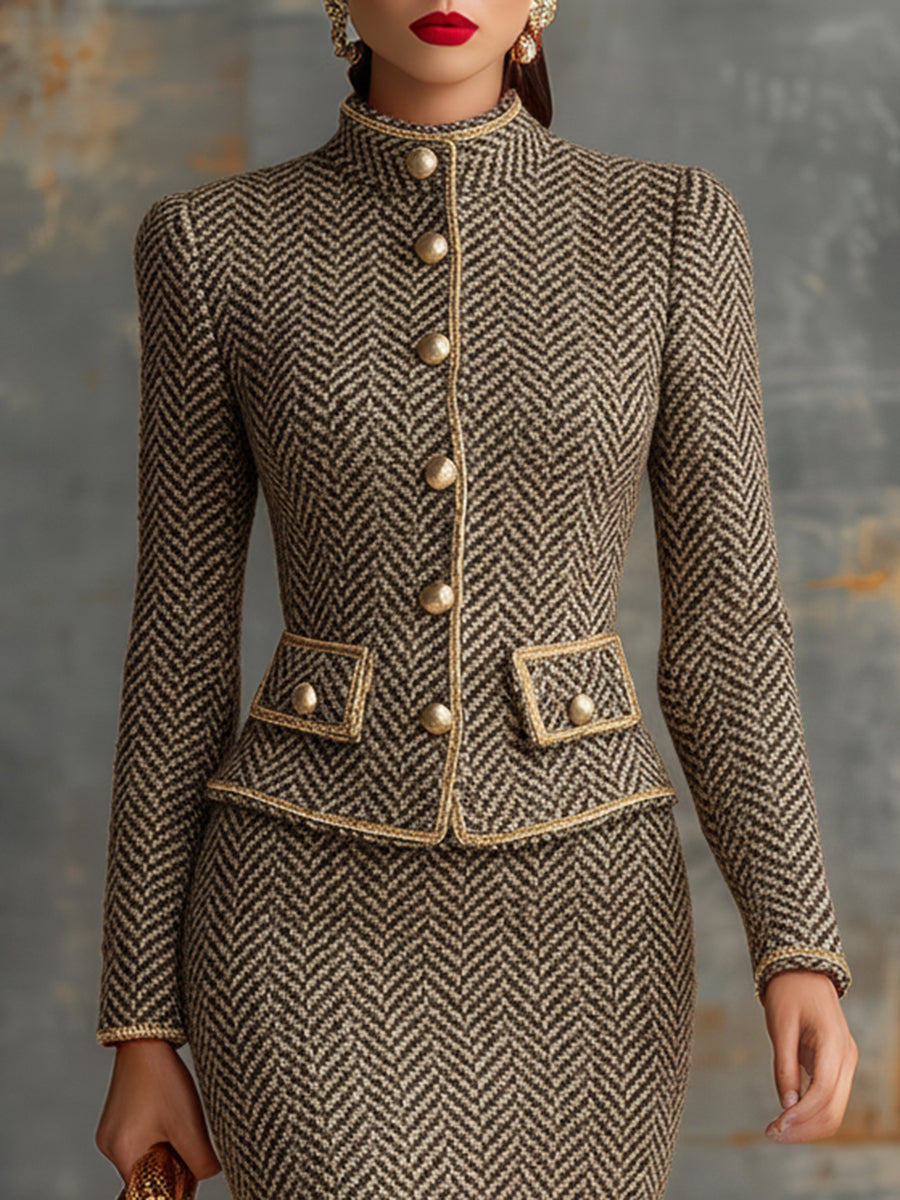 Vintage Herringbone Gold Trim Stand Collar Jacket And Skirt Set - By Qivii