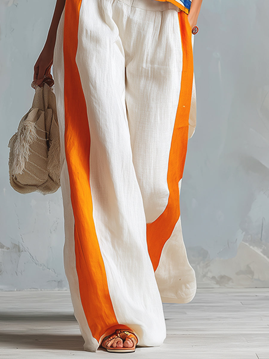 Casual Urban Style Contrast-Trimmed White T-Shirt & Wide-Leg Pants Cotton-Linen Set - By Qivii