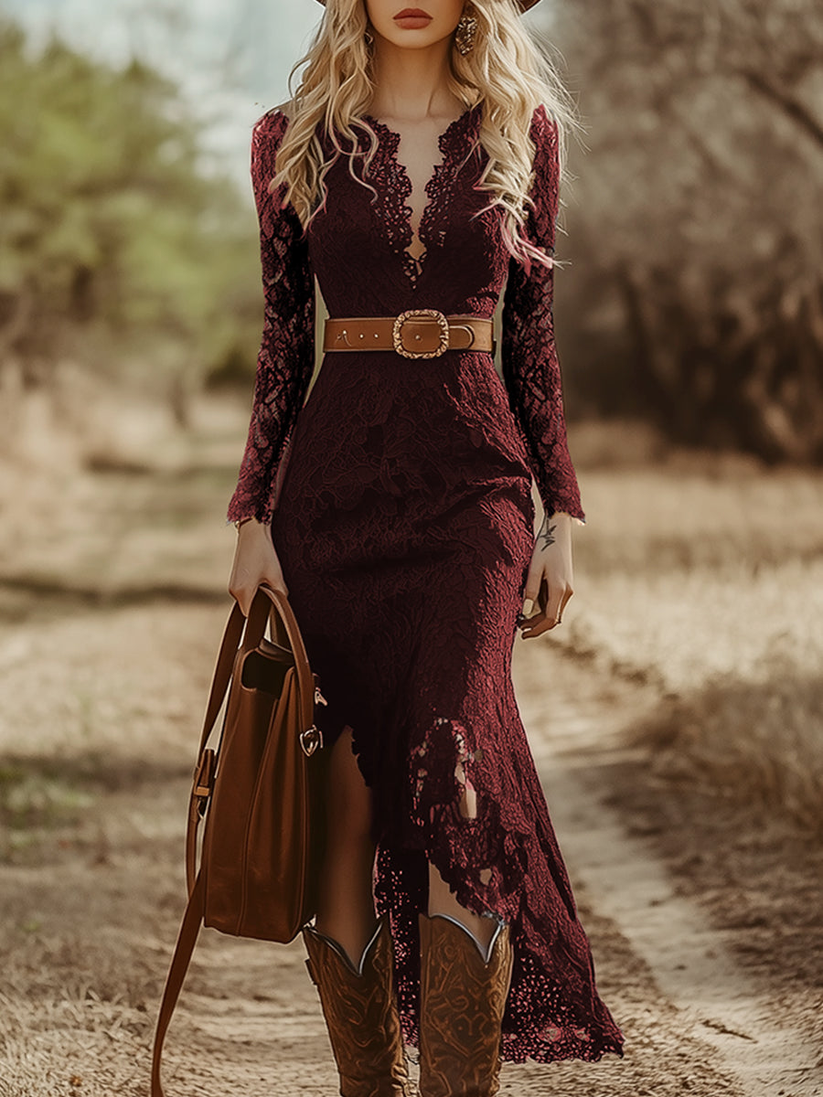 Vintage Bohemian Blue Lace Long Sleeve Midi Dress - By Qivii