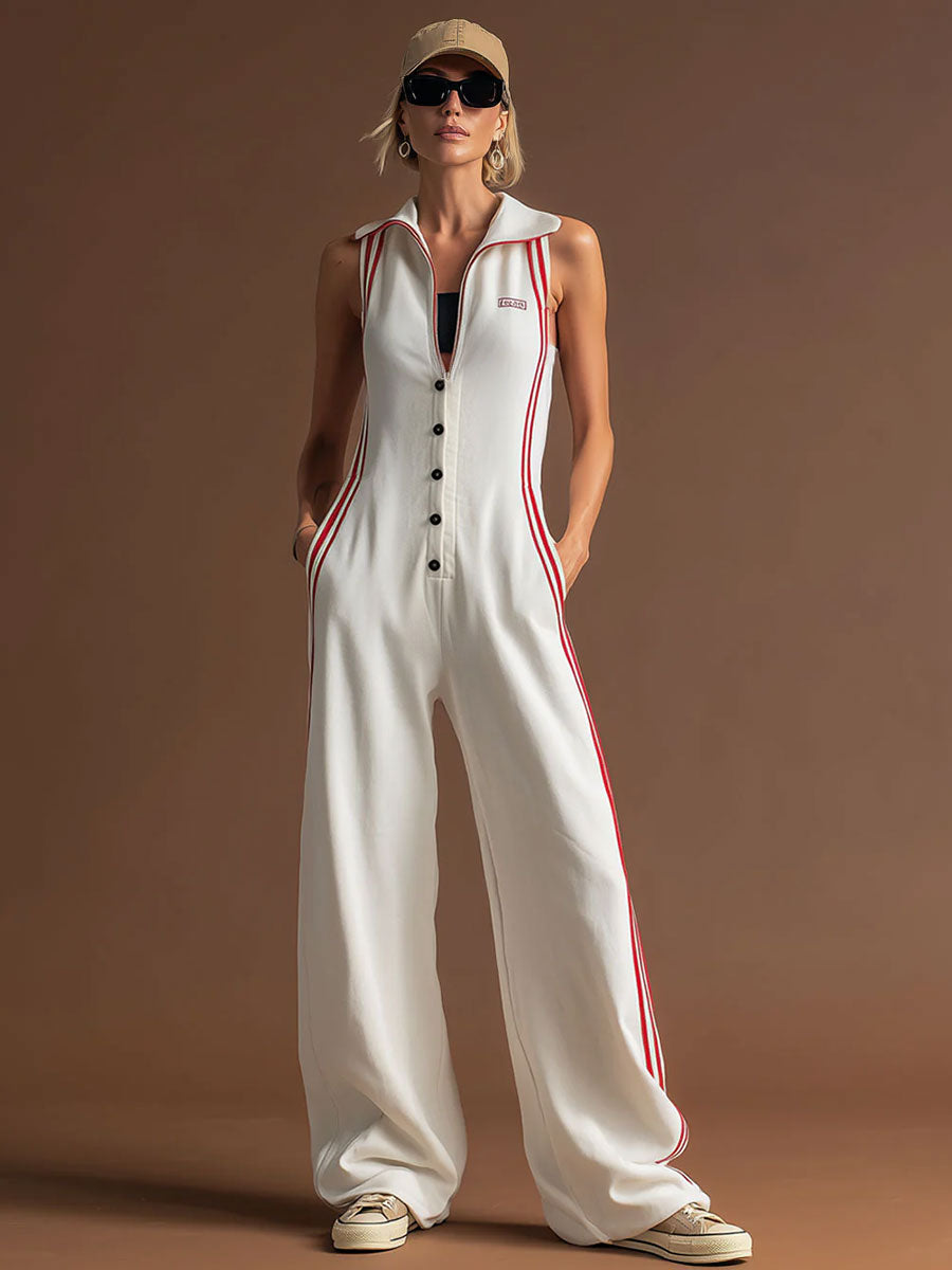 Sporty Retro Red Ribbon White Cotton Sleeveless Jumpsuit - By Qivii