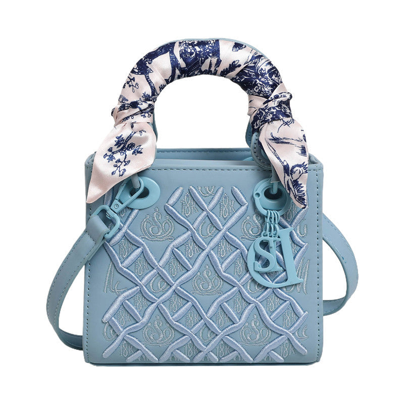 Women's Artisan-Embroidered Quilted Satchel - Heirloom-Quality Shoulder Bag w/ Detachable Silk Scarf & Convertible Strap, Textured Vegan Leather