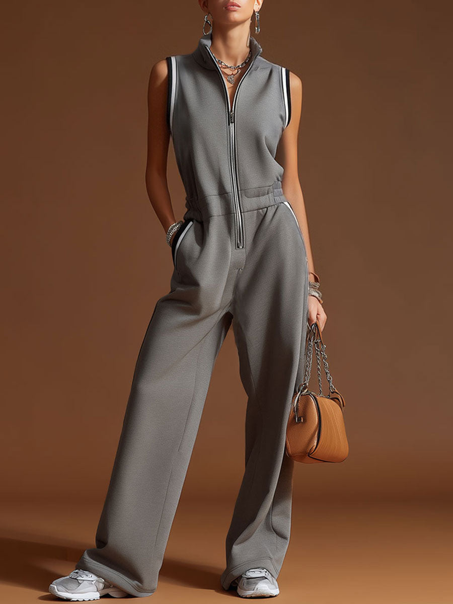 Casual Sporty Retro Dark Gray Cotton Blend Zipper Sleeveless Jumpsuit - By Qivii