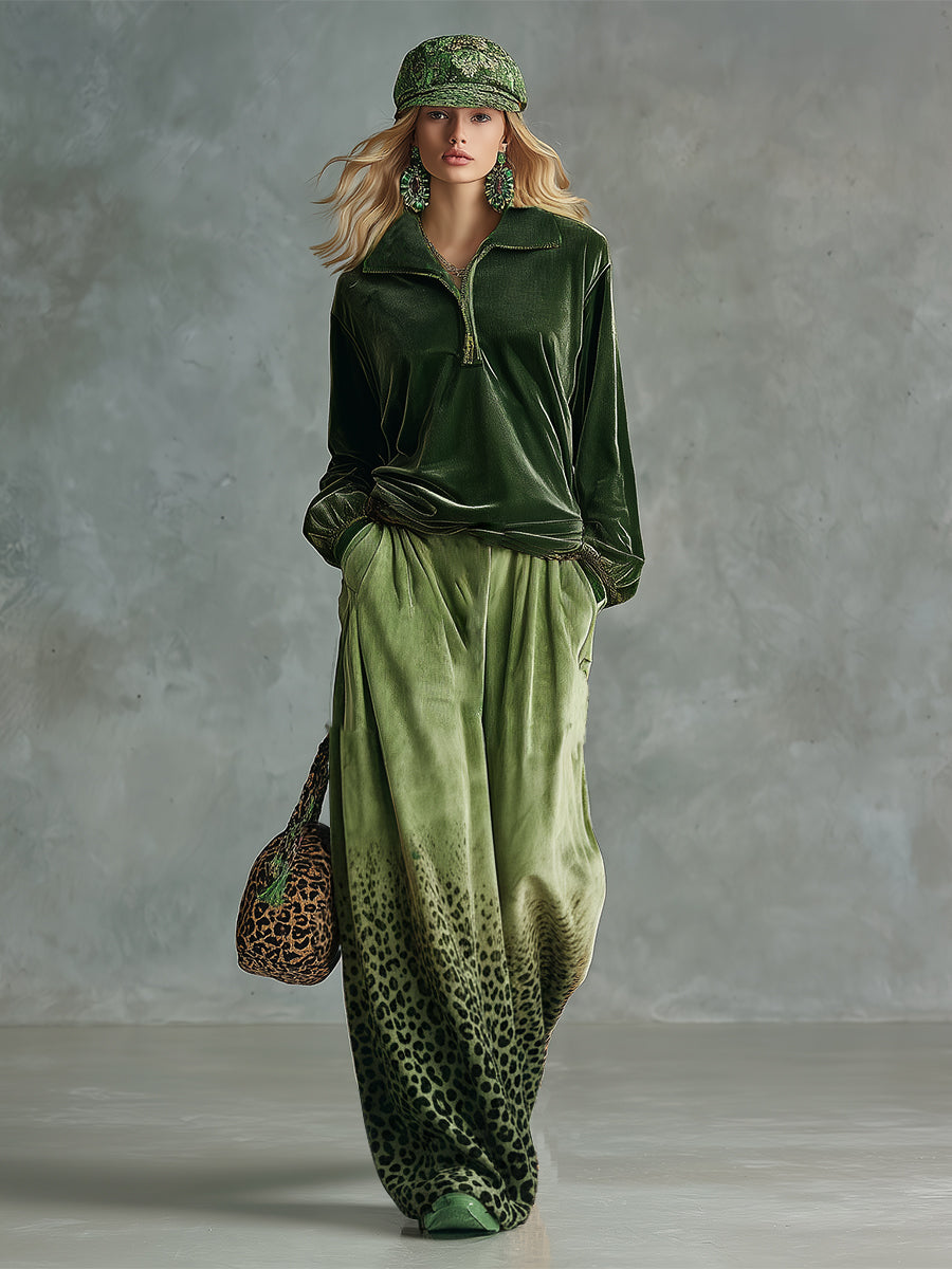 Trendy Retro Sporty Green Velvet Top And Leopard Print Wide-leg Pants Set - By Qivii