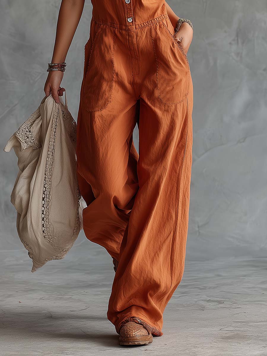 Casual Fashion Western V-neck Front-button Sleeveless Rust-orange Cotton Jumpsuit - By Qivii