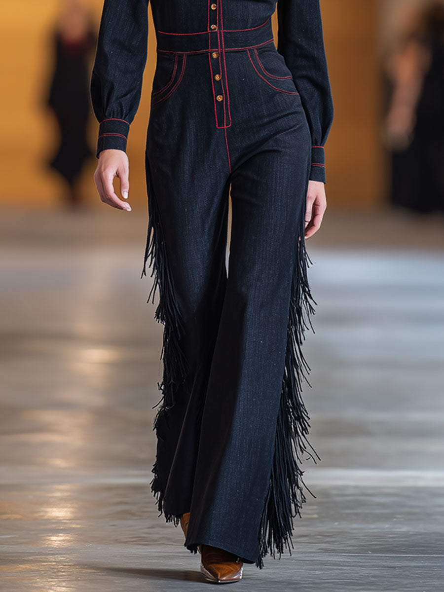 Retro Red Topstitched Navy Denim Long Sleeve Flared Tassel Jumpsuit - By Qivii