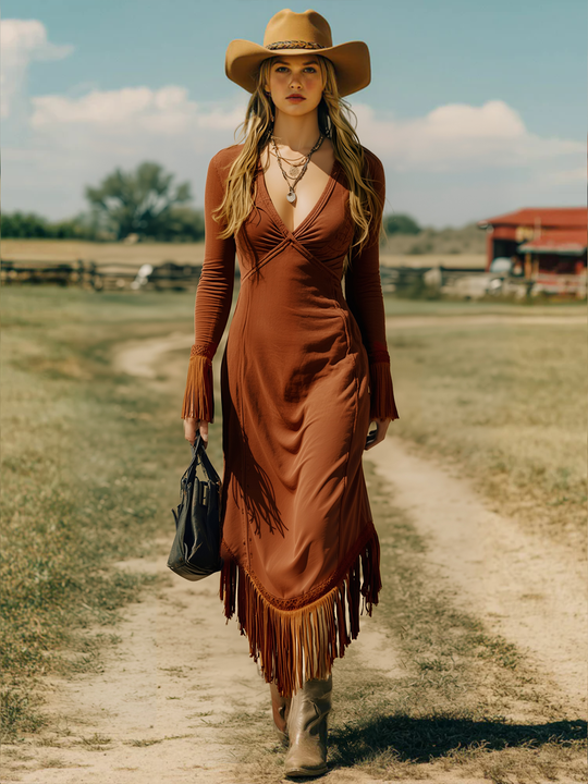 Western Retro Brick Red Cotton Long Sleeve Tassel Maxi Dress - By Qivii