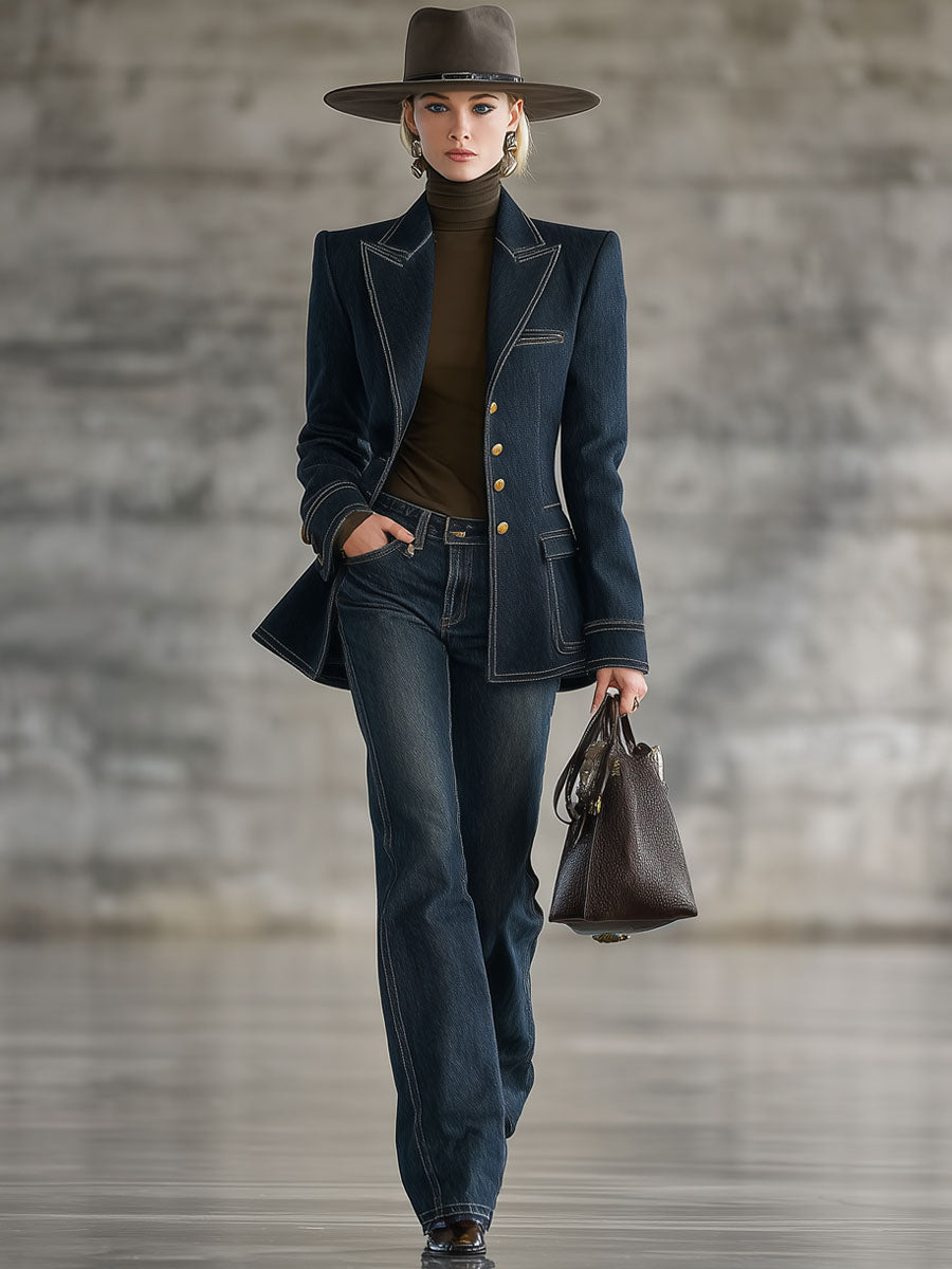 Fashion Retro Topstitched Navy Blue Denim Jacket - By Qivii