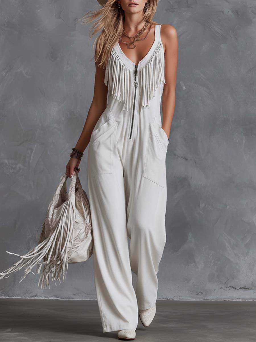 Casual Retro Western V-Neck And Fringe White Faux Suede Jumpsuit - By Qivii