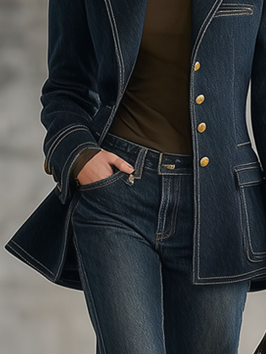 Fashion Retro Topstitched Navy Blue Denim Jacket - By Qivii