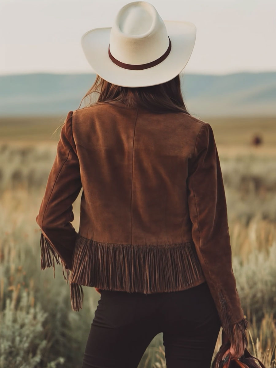 Western-style Brown Suede Tassel Zip-up Jacket - By Qivii