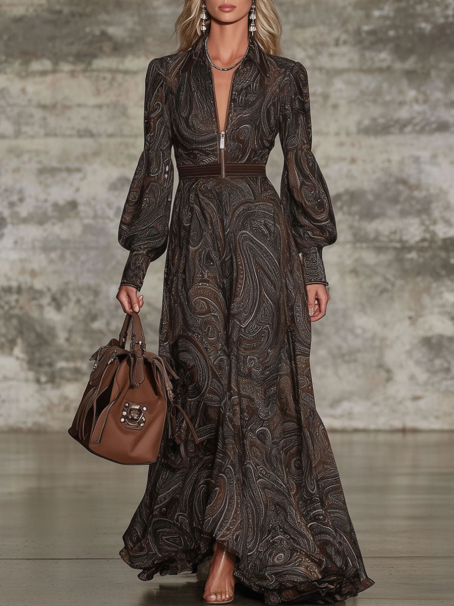 Fashion Retro Paisley Pattern Zipper Maxi Dress - By Qivii
