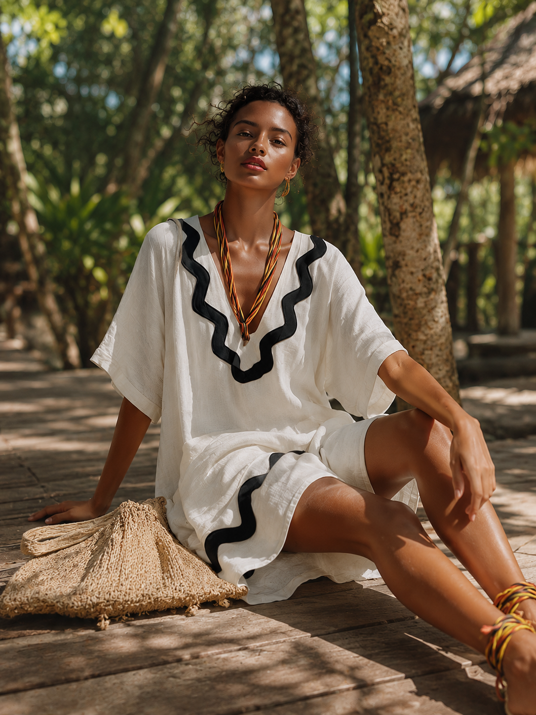 Vintage-style Elegant Scalloped-edge White Cotton-linen Short-sleeve Mini Dress - By Qivii