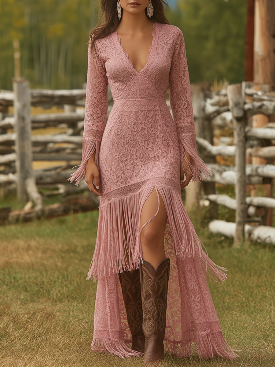 Retro White Lace V-neck Long Sleeve Tassel Short Front And Long Back Skirt Maxi Dress - By Qivii