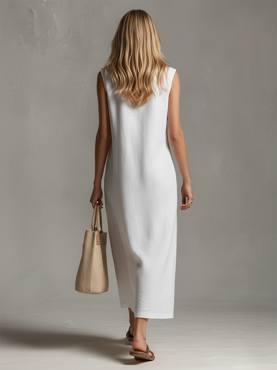 Casual And Stylish Stand-up Collar Sleeveless Zipper Midi Dress - By Qivii