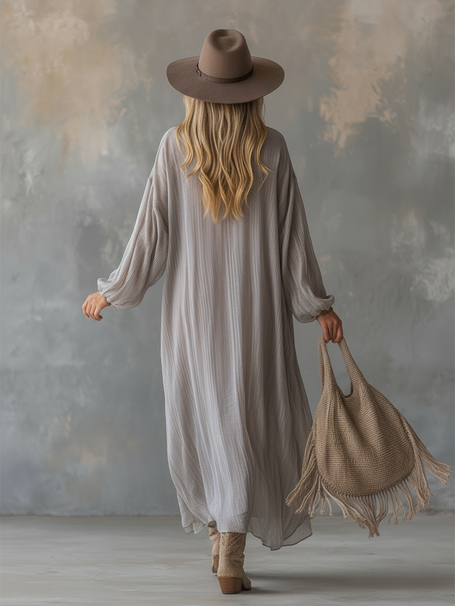 Lazy And Elegant V-neck Light Gray Crinkled Chiffon Maxi Dress - By Qivii