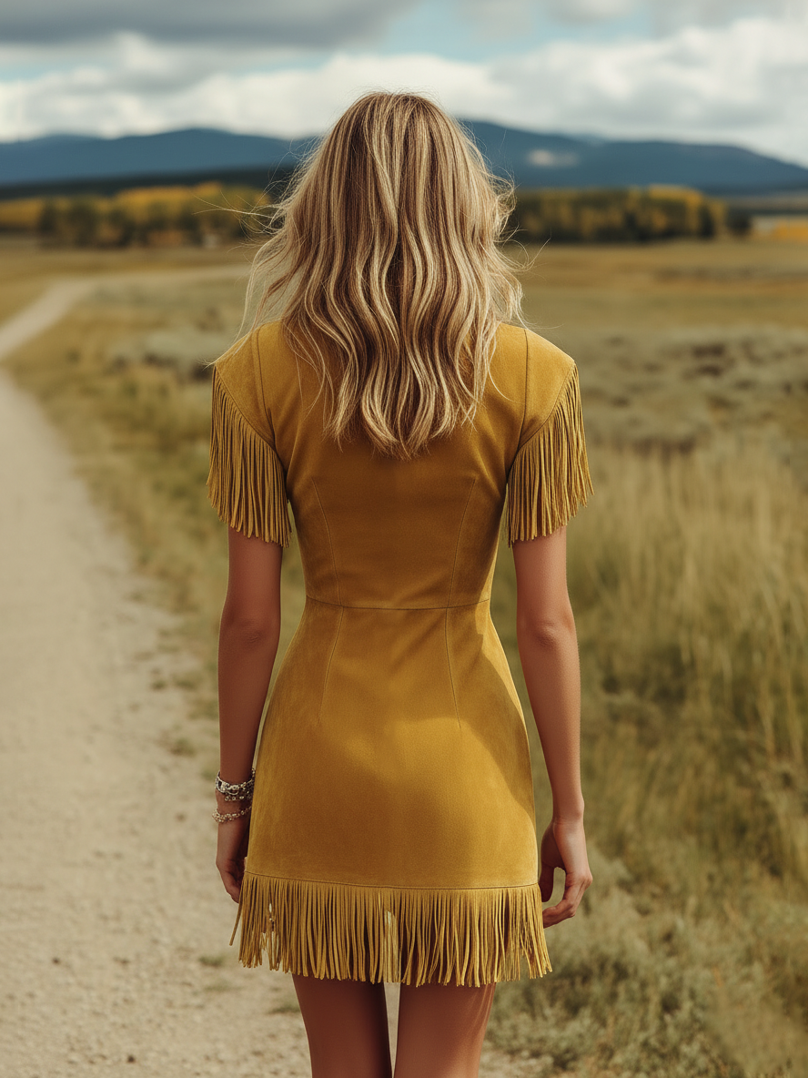 Western-style Vintage V-neck Fringed Faux Suede Mini Dress - By Qivii
