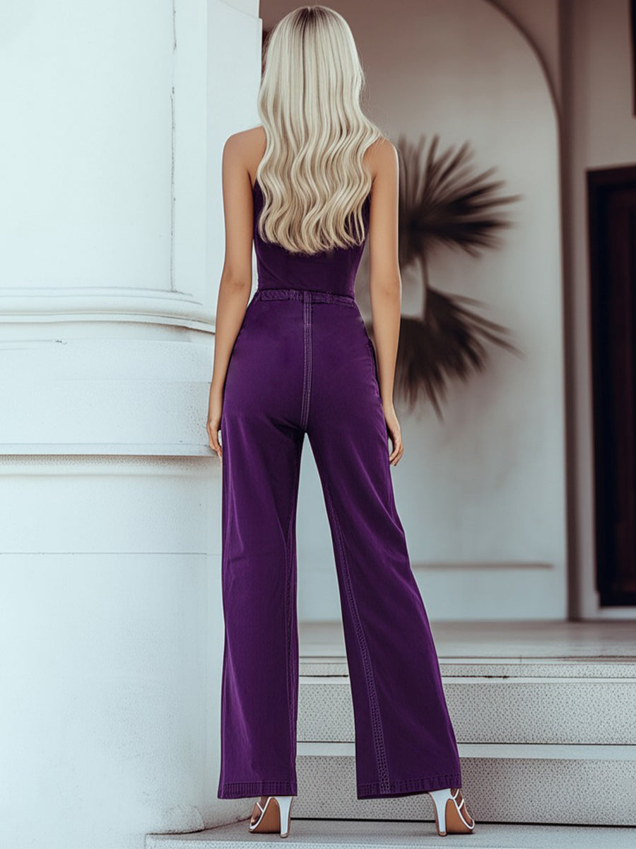 Mysterious Vintage Purple Denim Sleeveless Wide Leg Jumpsuit - By Qivii