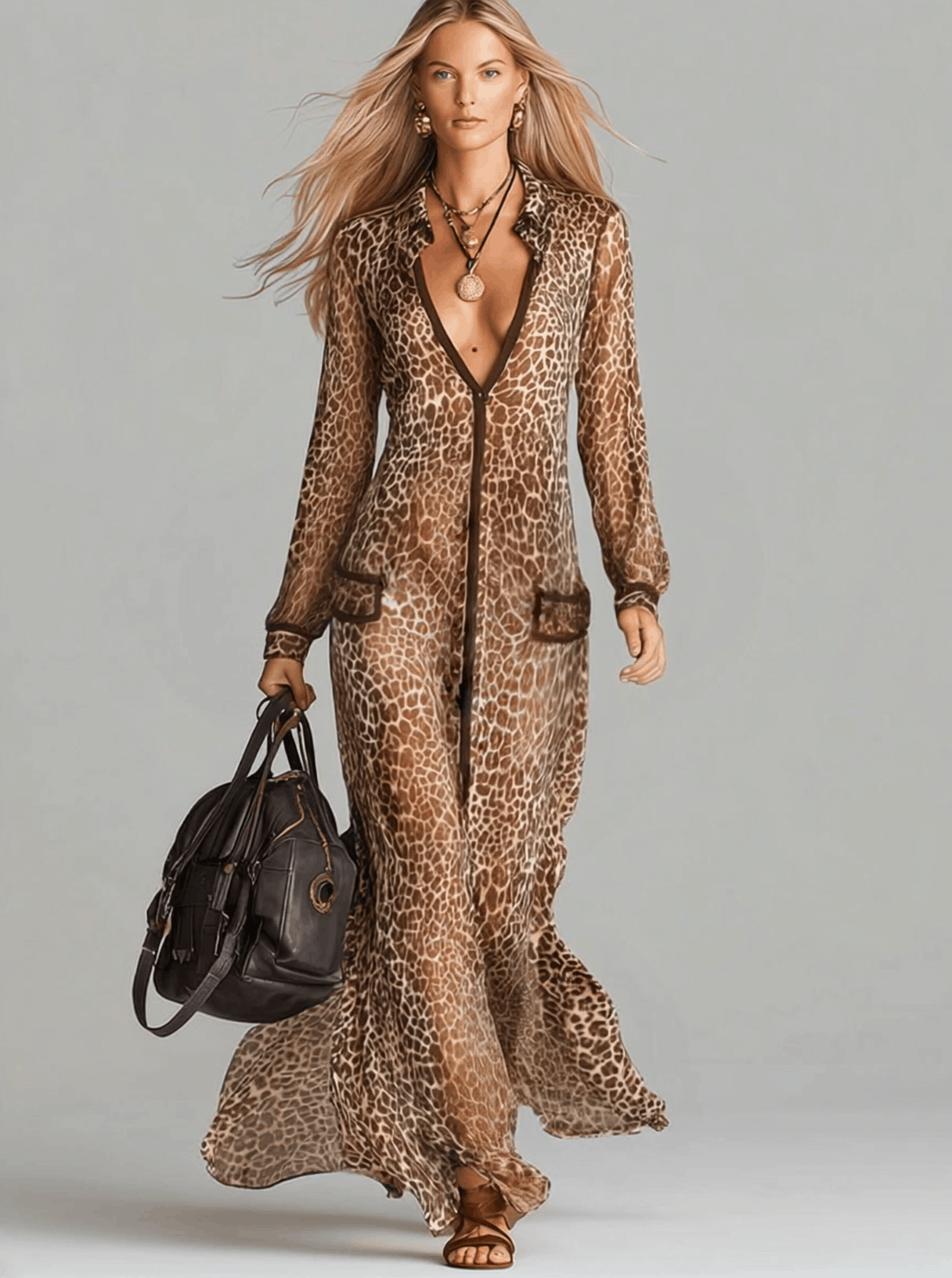 Fashionable And Elegant Brown Chiffon Leopard Print Long Sleeve Maxi Dress - By Qivii