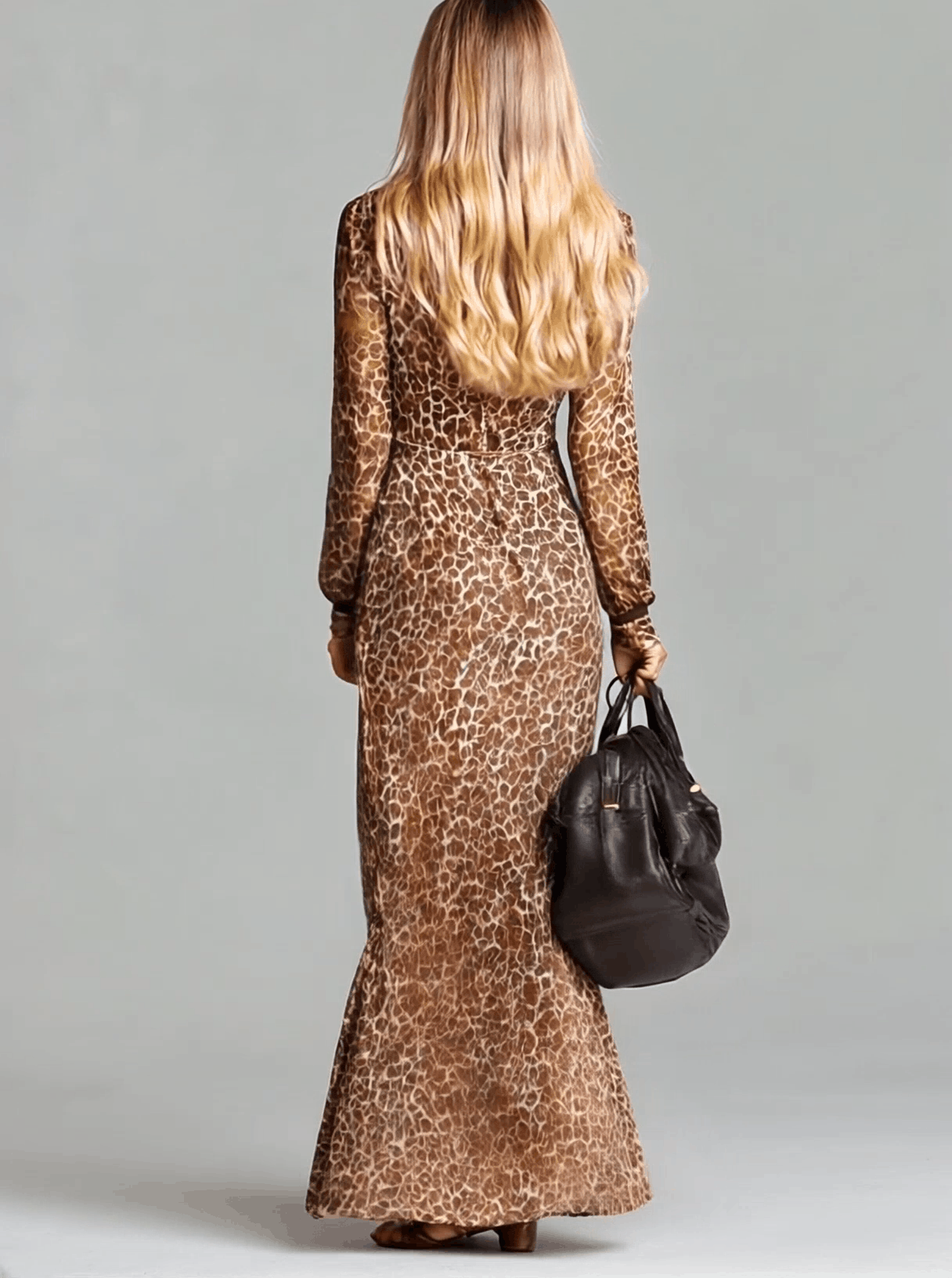 Fashionable And Elegant Brown Chiffon Leopard Print Long Sleeve Maxi Dress - By Qivii