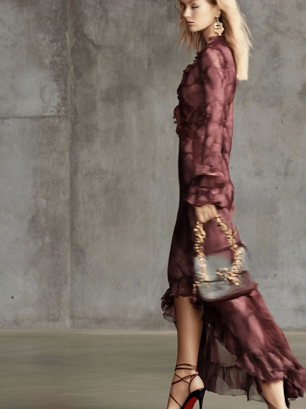 Elegant And Fashionable Burgundy Chiffon Snakeskin Pattern Ruffled Long-Sleeved Maxi Dress - By Qivii