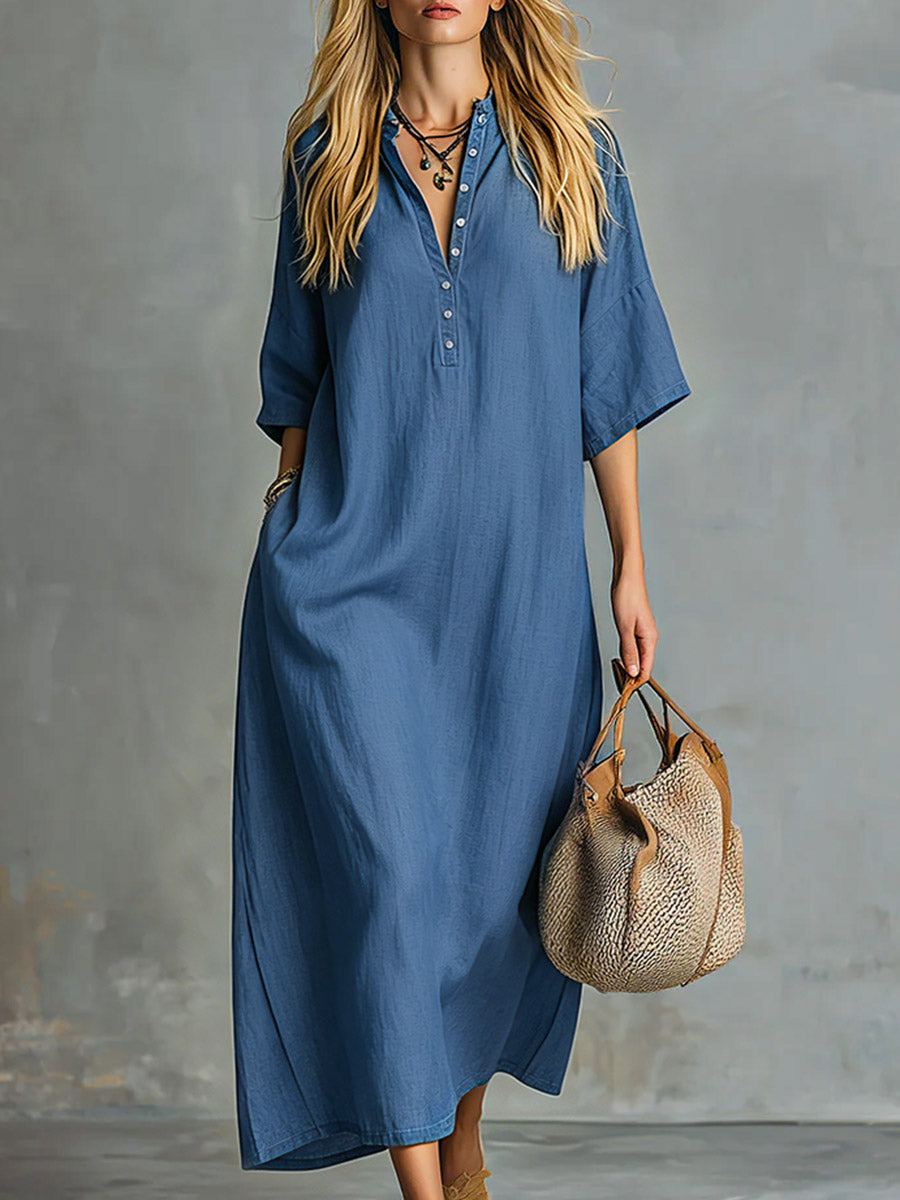 Retro Blue Tencel Denim Short-sleeved Maxi Dress - By Qivii