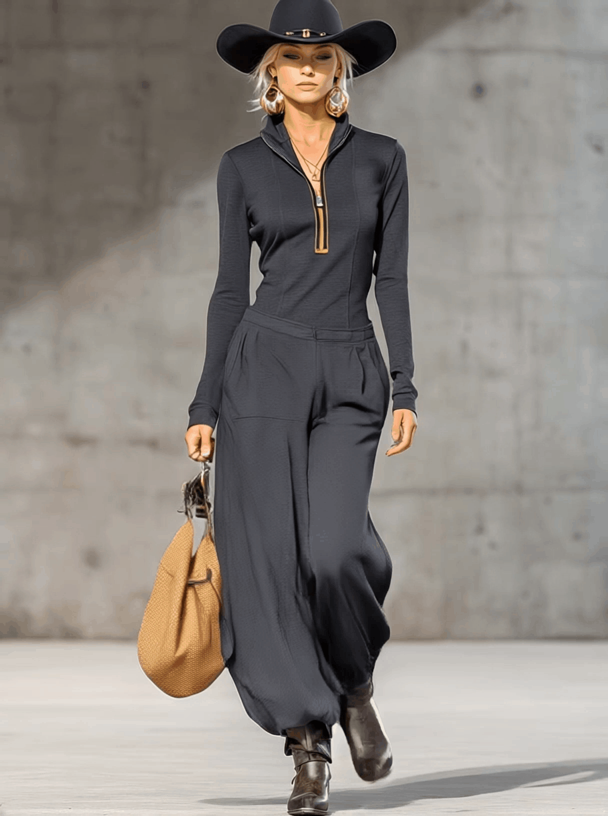 Casual Retro Sports Dark Gray Half-high Collar Front Zipper Long-sleeved Top And Wide Pants Set - By Qivii