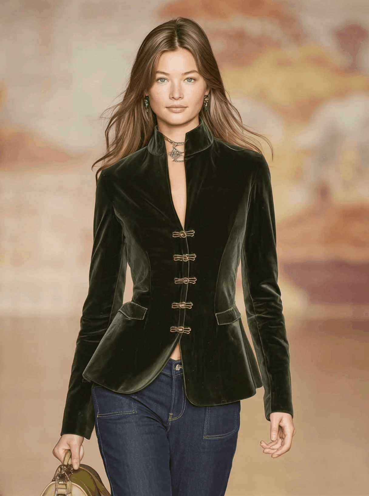 Elegant Retro Gold-buttoned Dark Green Velvet Blazer - By Qivii