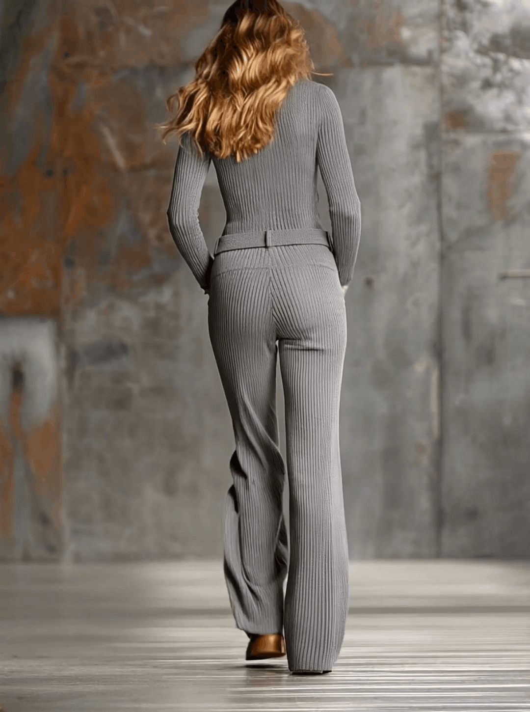 Fashionable Retro Gray Knit Half-zip Wide-leg Pants Set - By Qivii