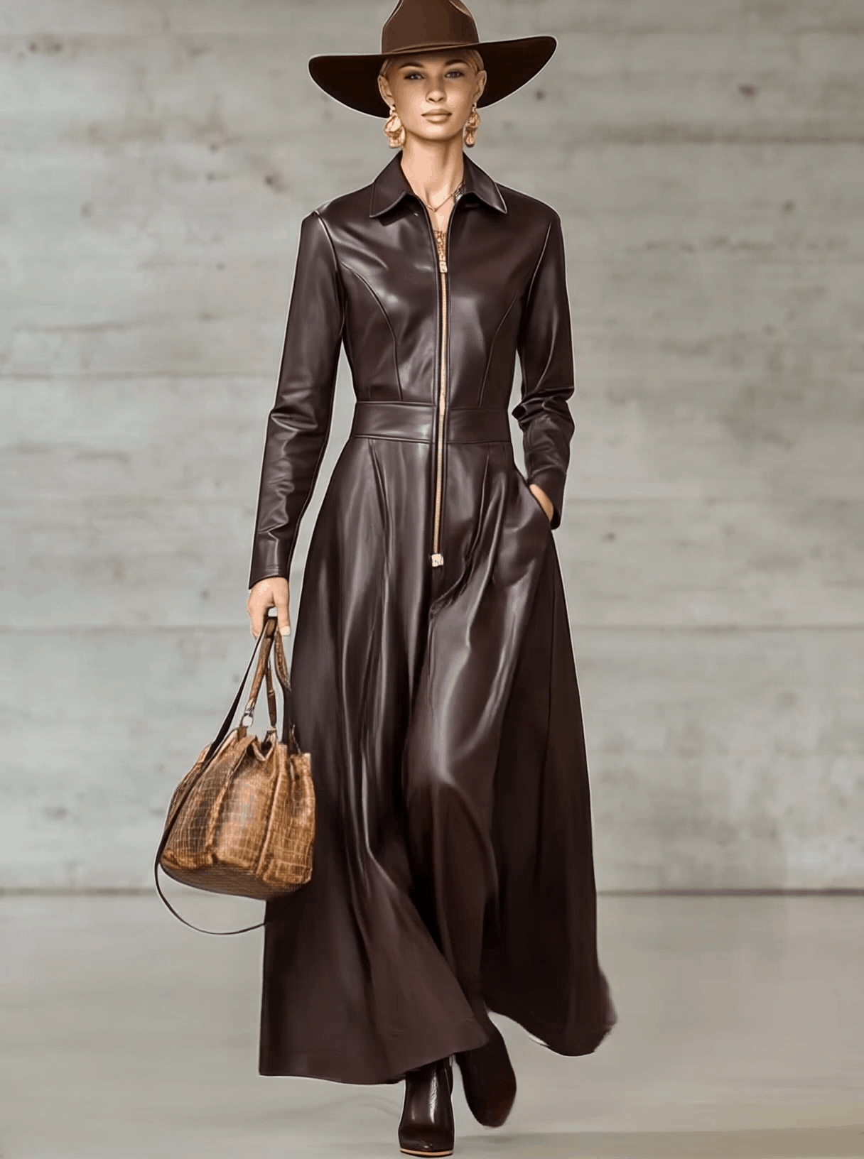 Exquisite Temperament Front Zipper Long Sleeve High-quality Brown Leather Maxi Dress - By Qivii